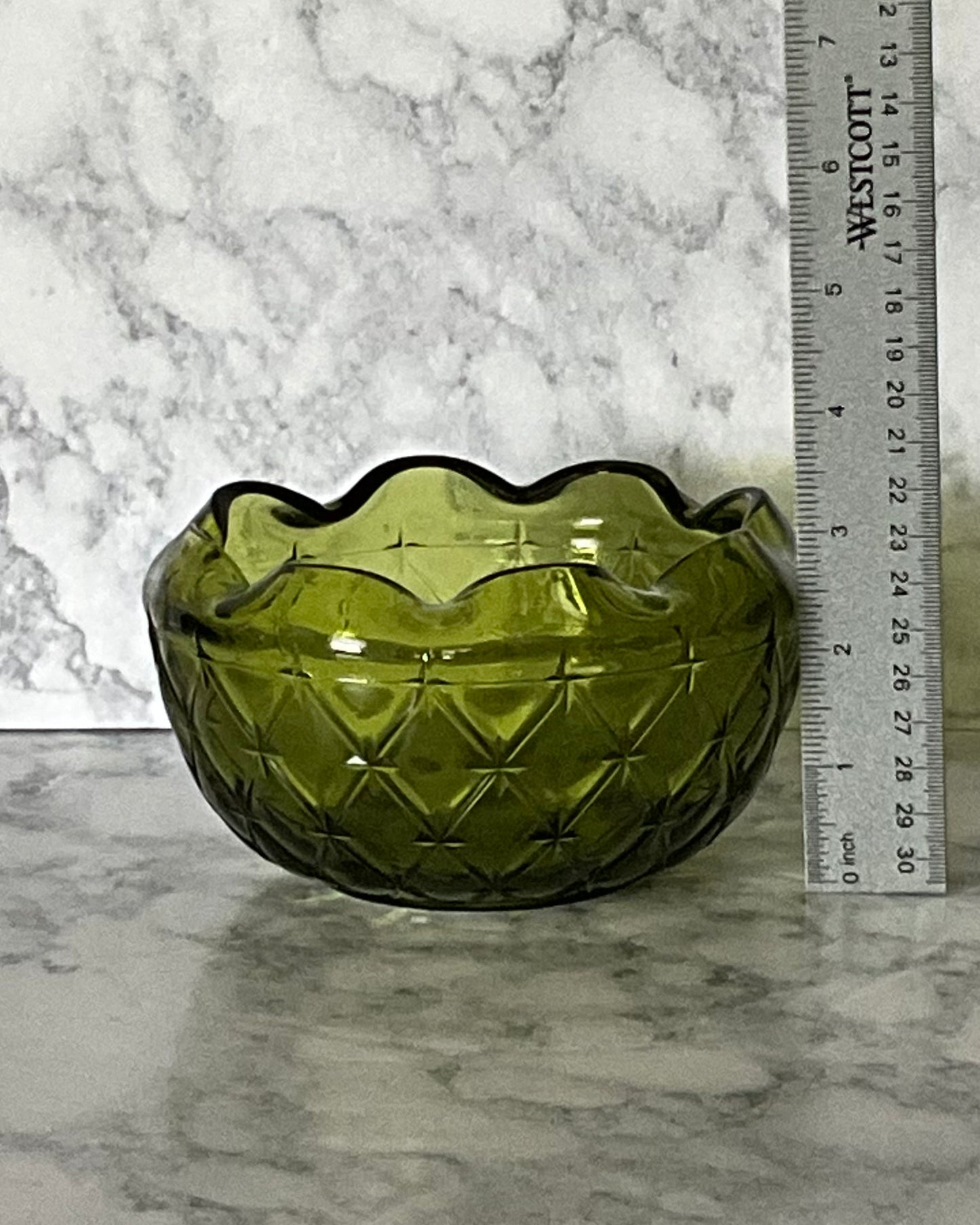 Indiana Glass Crimped Duette Rose Green Starburst Bowl