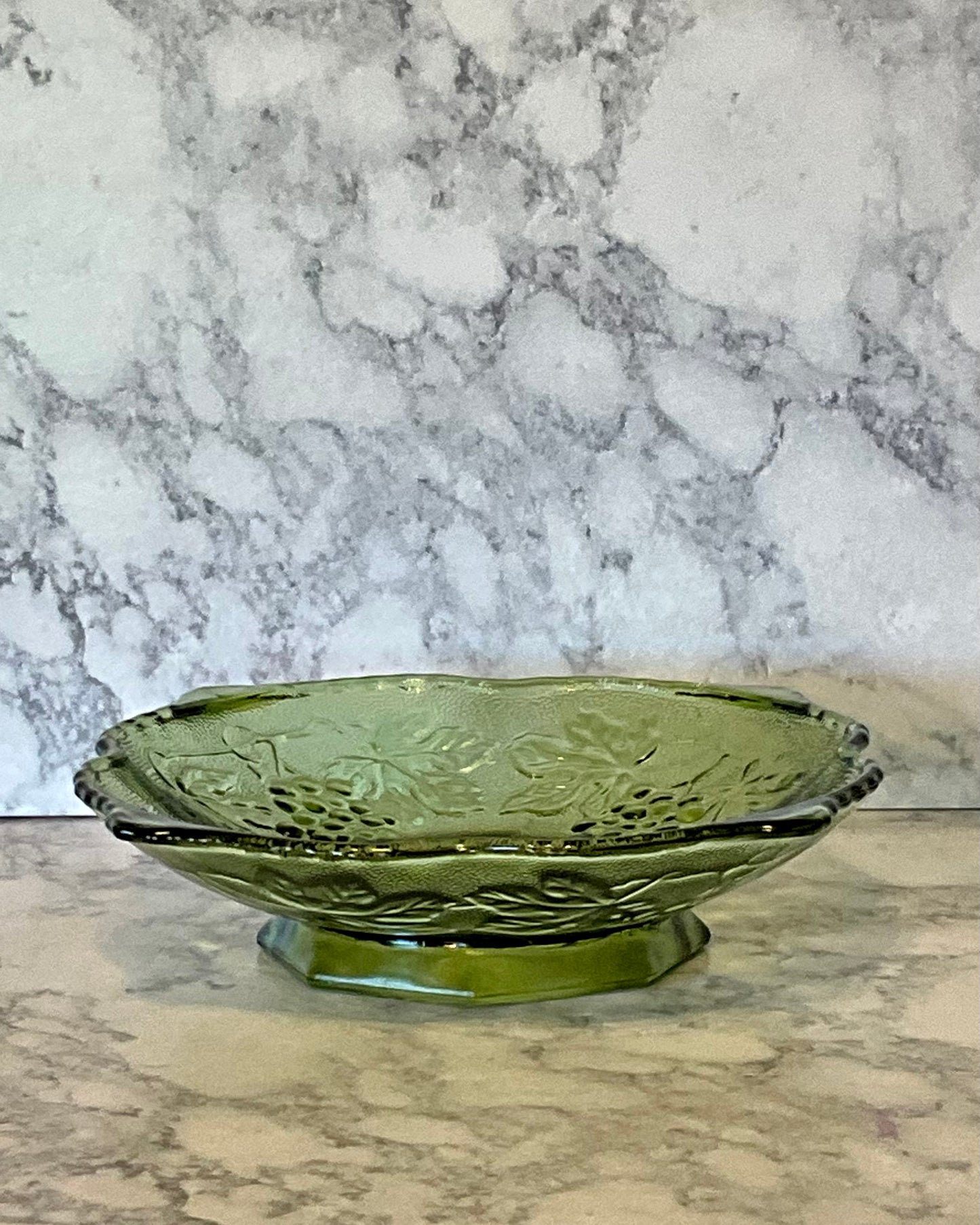 Anchor Hocking Green Grape & Leaves Footed Bowl