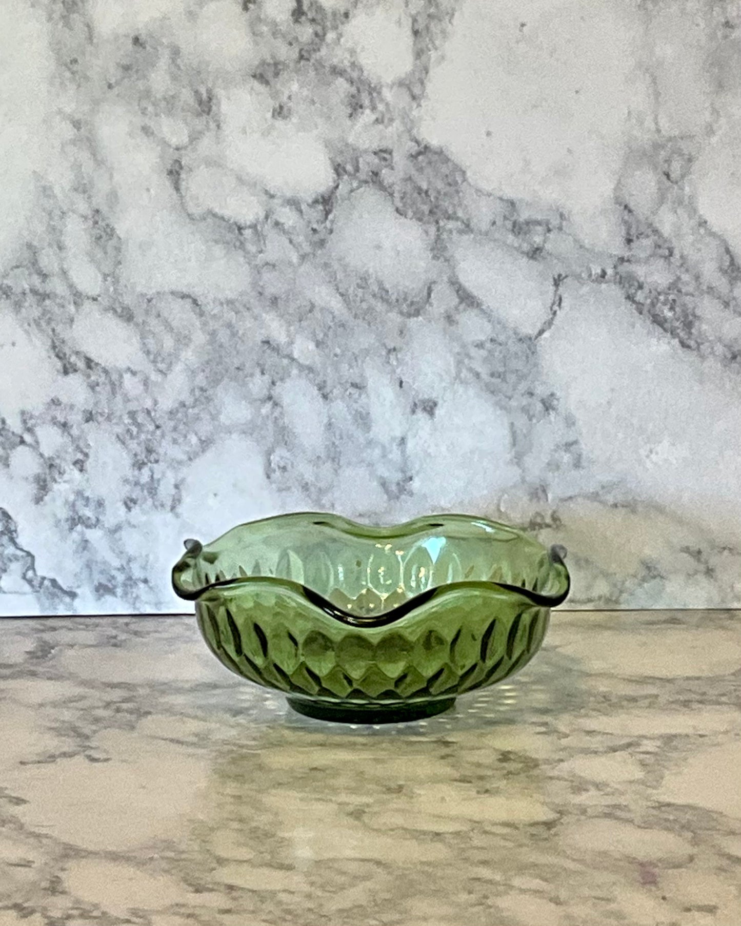 Indiana Glass Green Diamond Cut Ruffled Edge Serving Salad Bowl (7 Piece Set)
