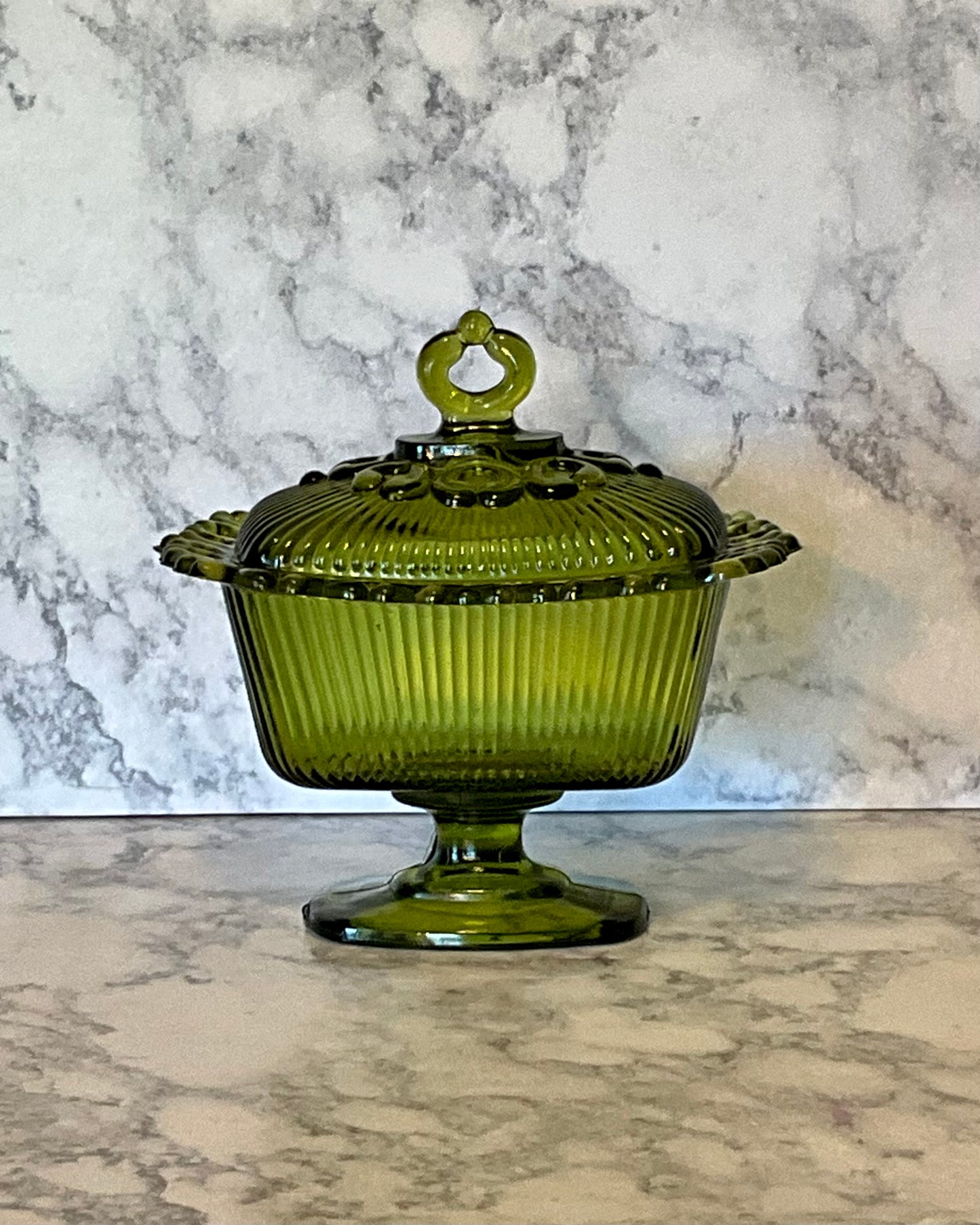 Indiana Glass Green Lace Edge Pedestal Compote with Lid