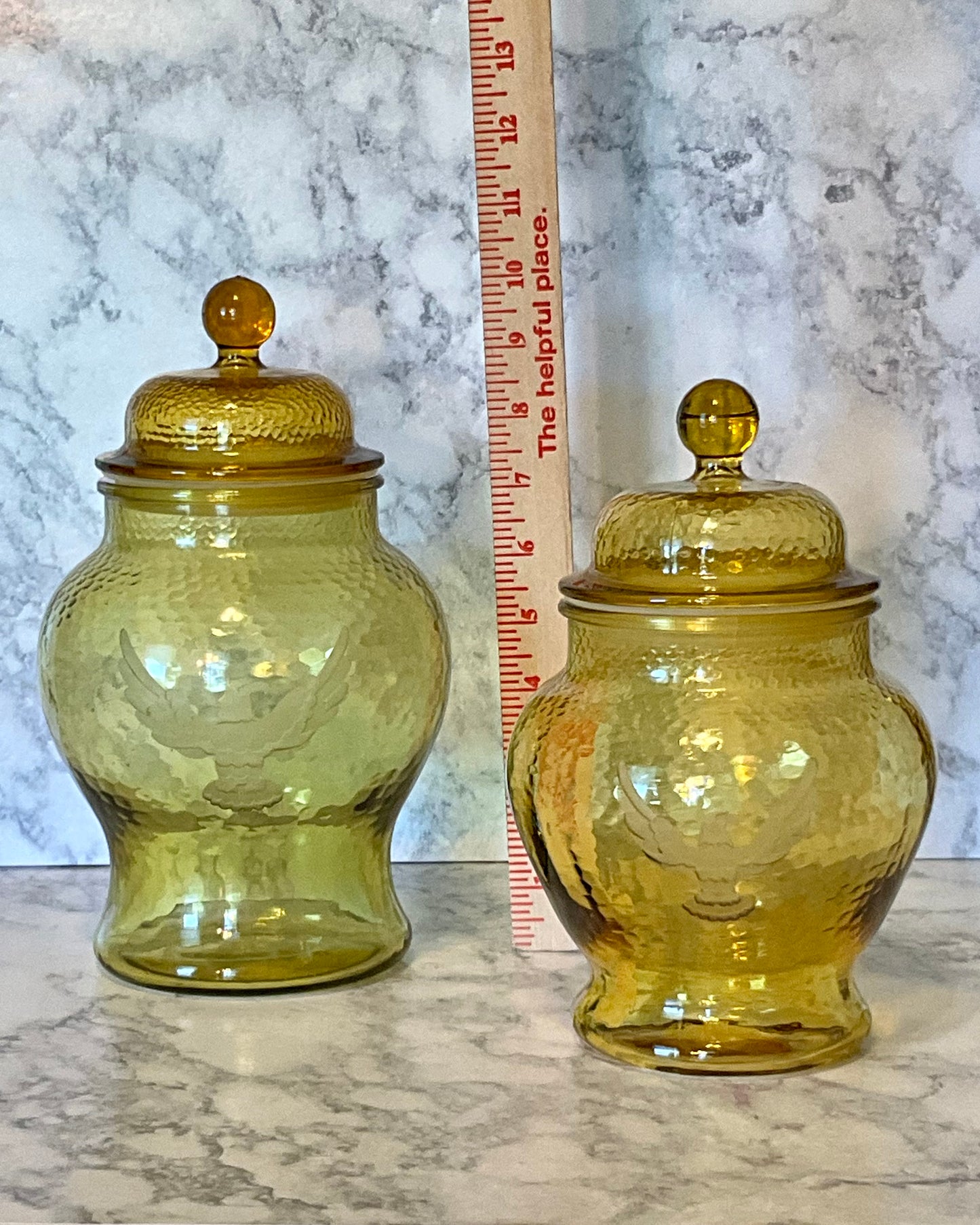 Indiana Glass Yellow Amber Apothecary Jars with Eagle (Set of 2)