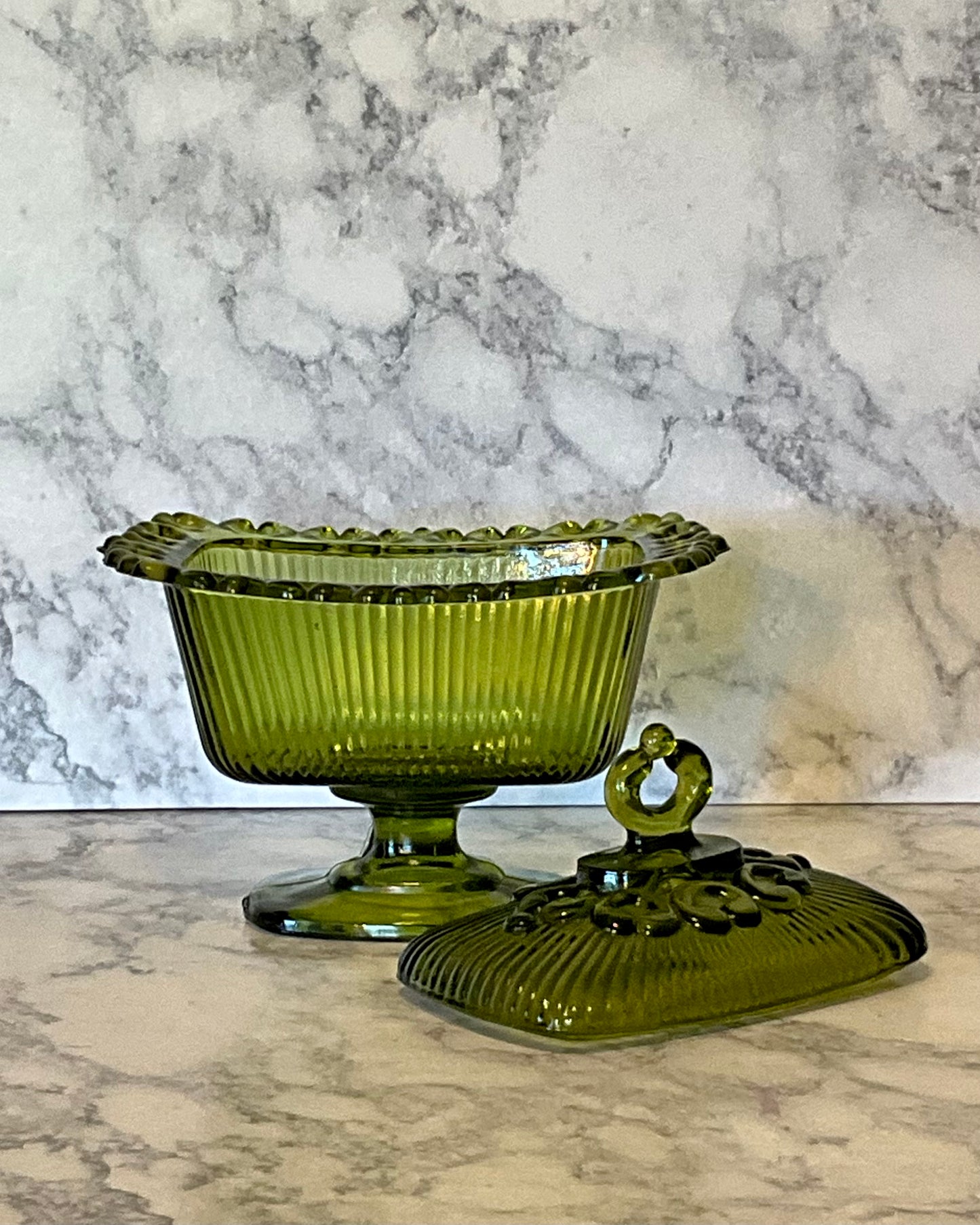 Indiana Glass Green Lace Edge Pedestal Compote with Lid